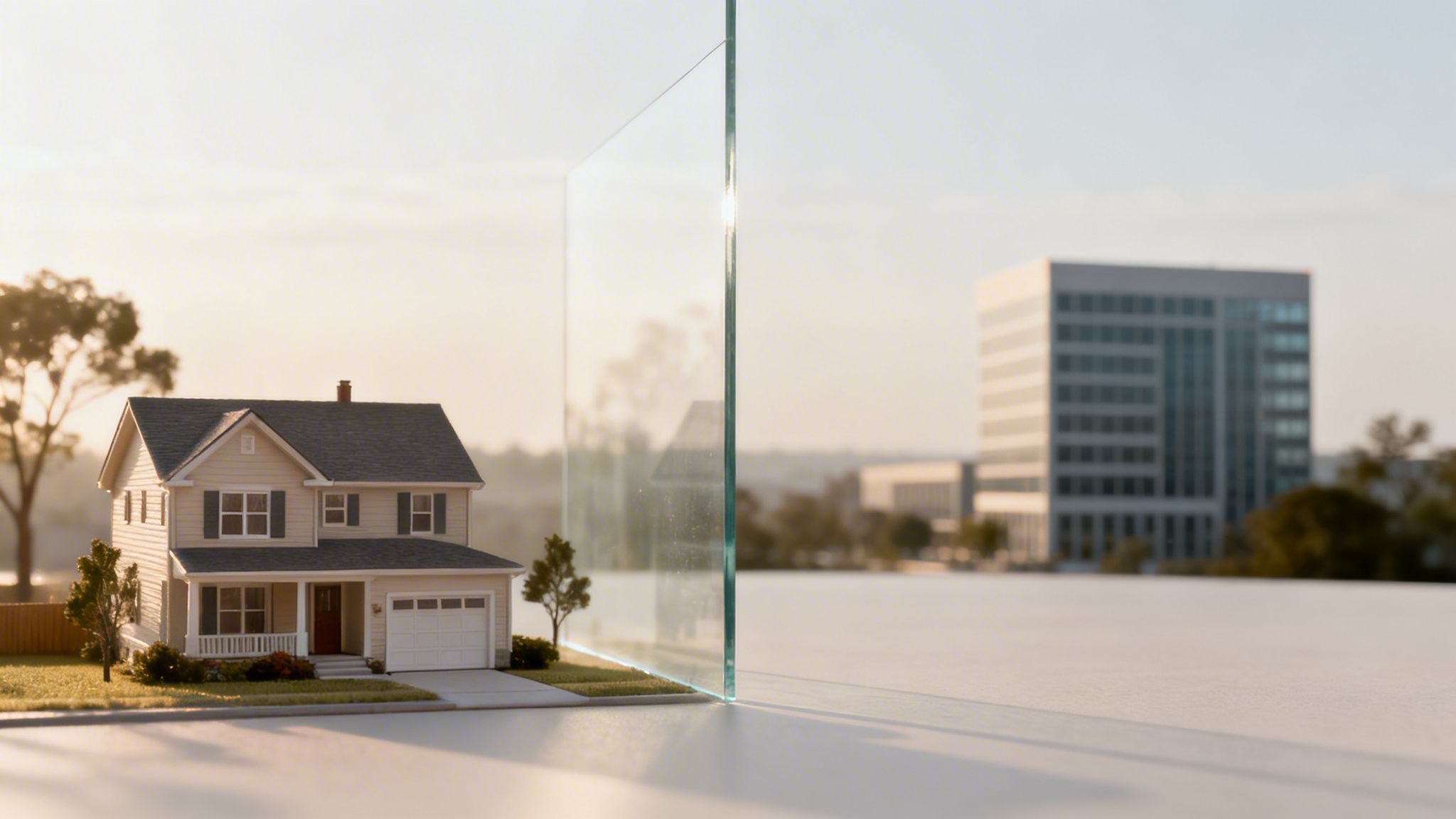 A miniature house and a clear glass panel separating it from a blurred office building.