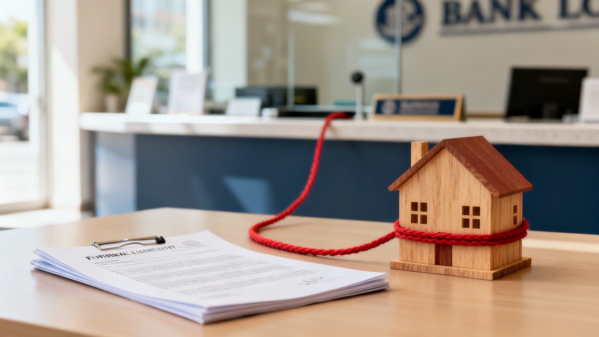 A wooden model house with a red rope, financial documents, and a blurry bank lobby in the background.