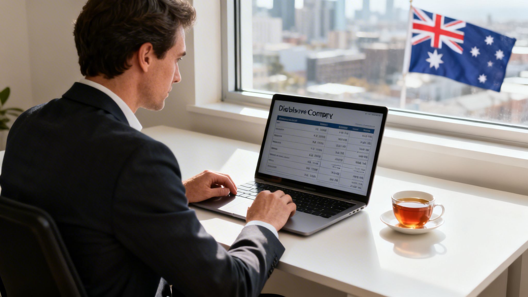 A businessman in a suit works on a laptop with a financial report, next to an Australian flag.