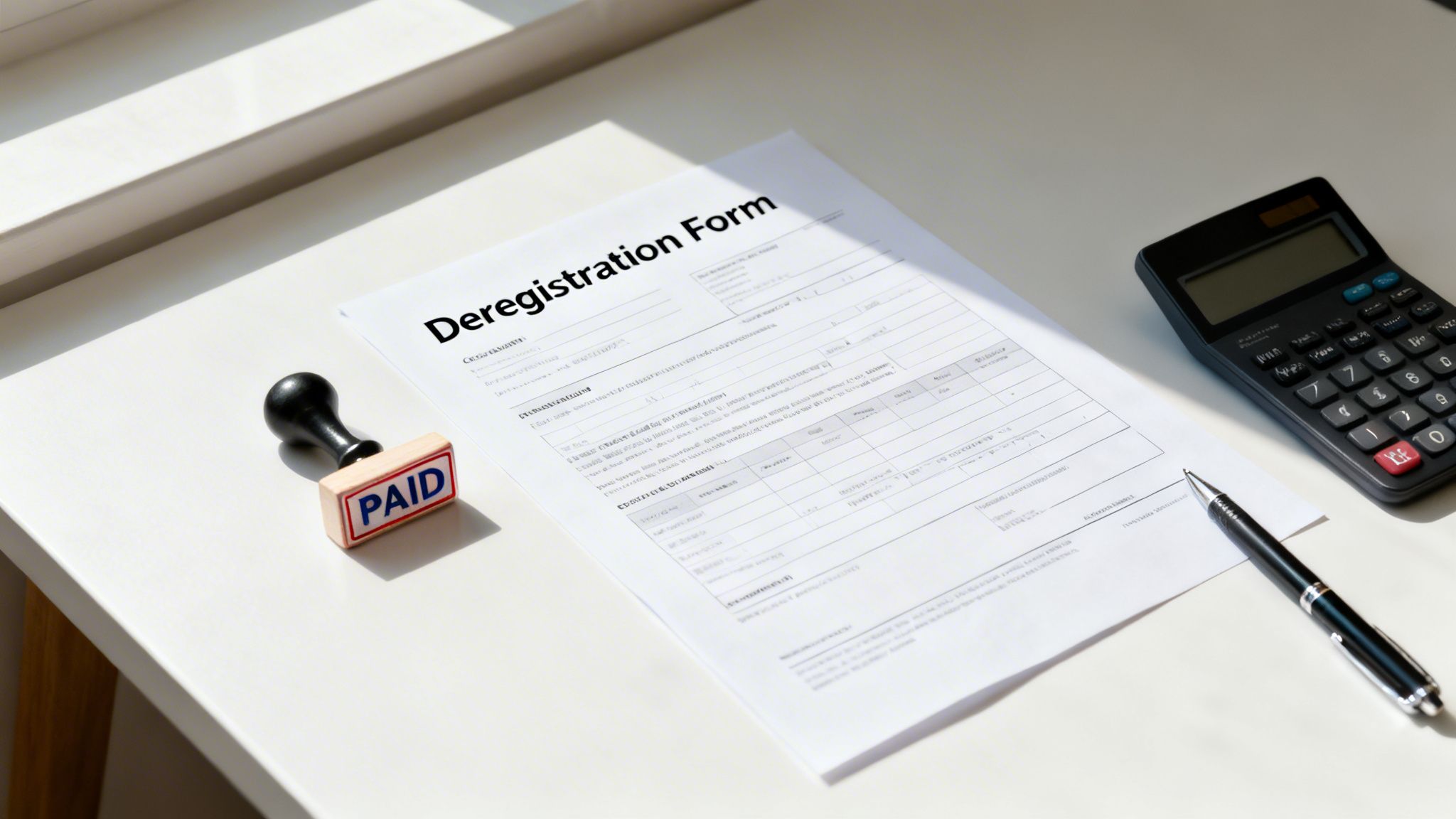 A deregistration form, a 'PAID' stamp, calculator, and pen on a clean white desk.
