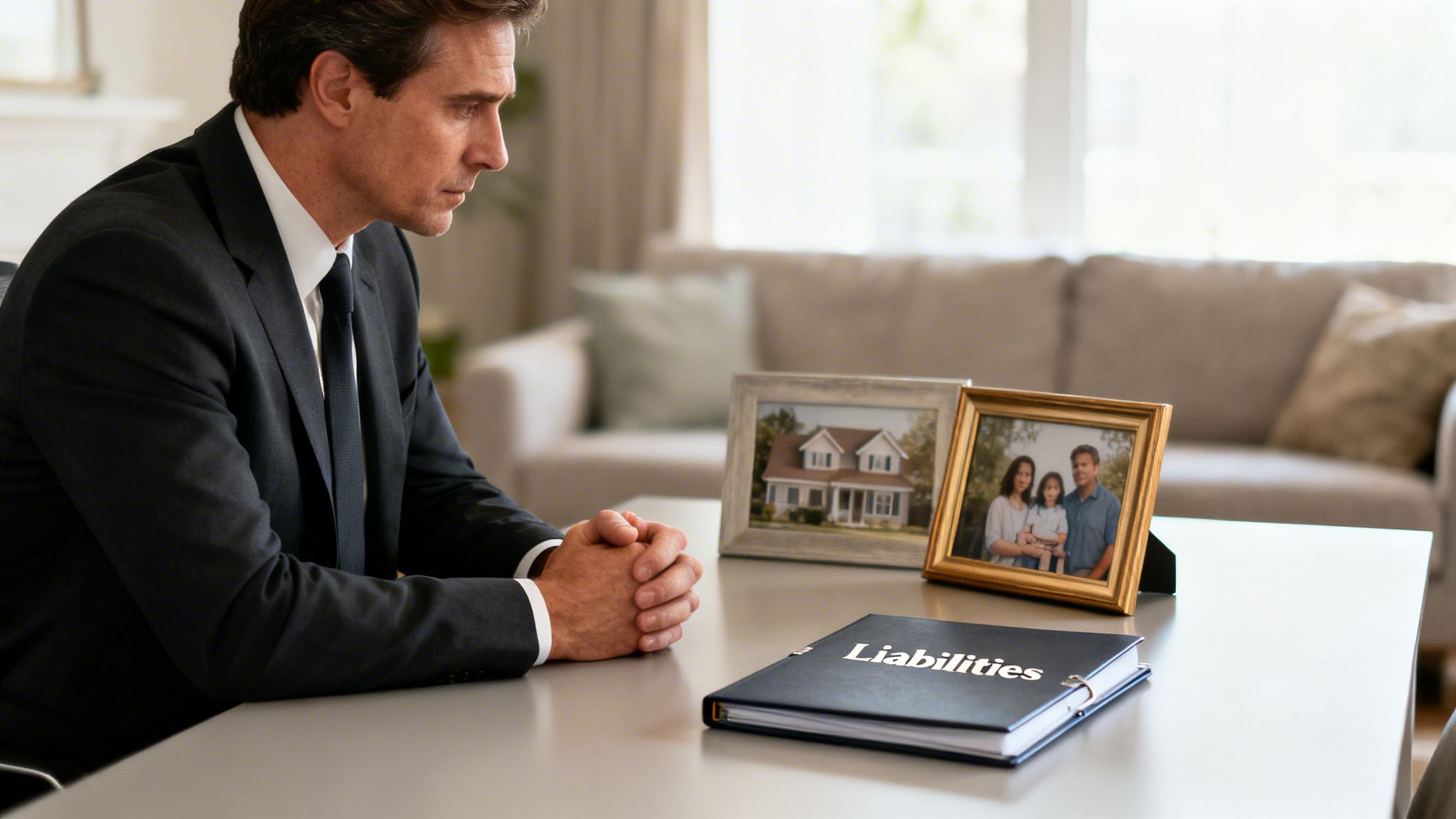 A man in a suit looks somberly at a 'Liabilities' binder, family photo, and house photo.